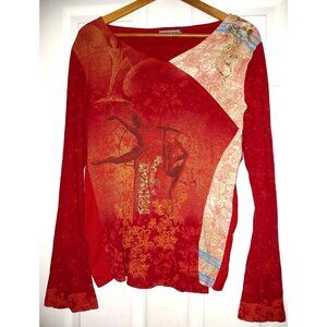 CIRQUE DU SOLEIL Vintage Long Sleeve Top Art to Wear Red Original Brand Colorful